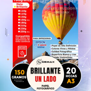 Papel Fotográfico Brillante A3 150 Gramos Inkjet 20 hojas