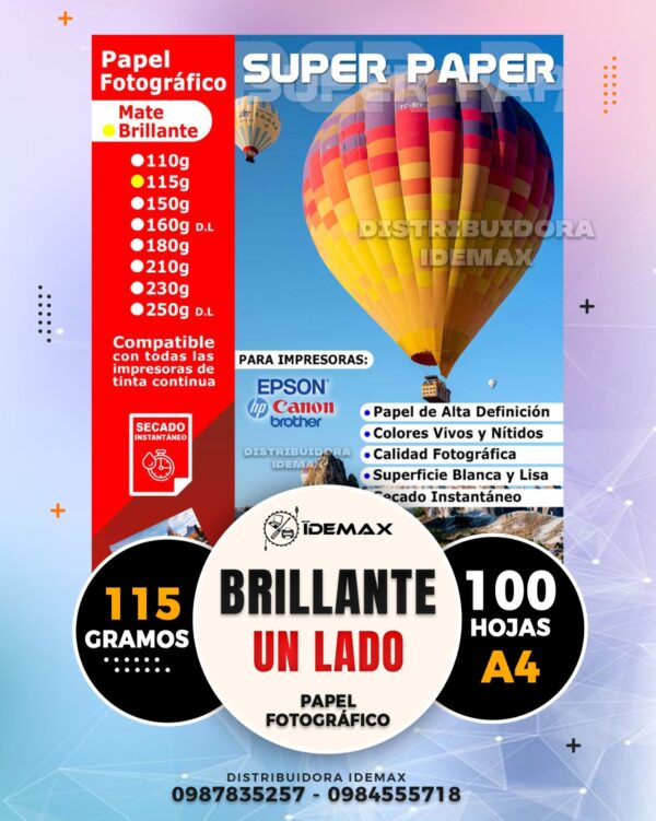 PAPEL FOTOGRÁFICO BRILLANTE 115GR A4 INKJET 100 HOJAS