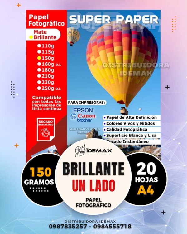 Papel Fotográfico Brillante A4 150gr Inkjet 20 hojas