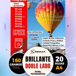 Papel Fotográfico Brillante A4 160gr Doble Cara Inkjet 20 hojas