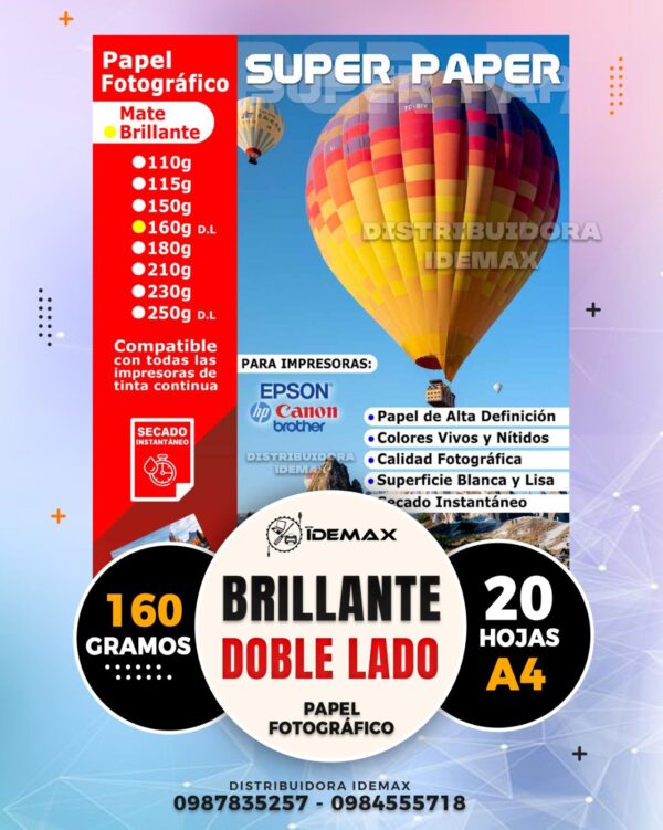 Papel Fotográfico Brillante A4 160gr Doble Cara Inkjet 20 hojas
