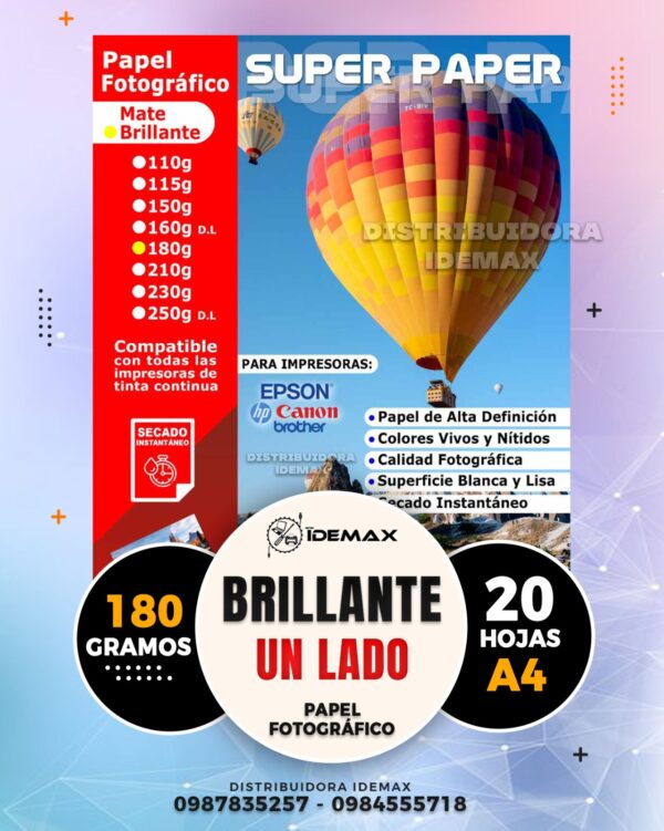 Papel Fotográfico Brillante A4 180gr Inkjet 20 hojas