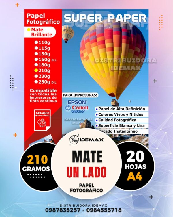 PAPEL FOTOGRÁFICO MATE 210GR A4 INKJET 20 HOJAS