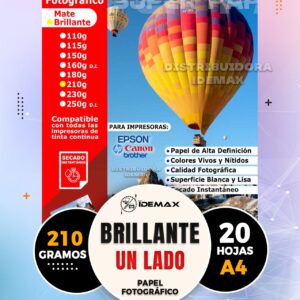 Papel Fotográfico Brillante A4 210gr Inkjet 20 hojas