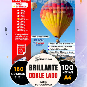 Papel Fotográfico Brillante A4 160 gramos Doble Cara Inkjet 100 Hojas